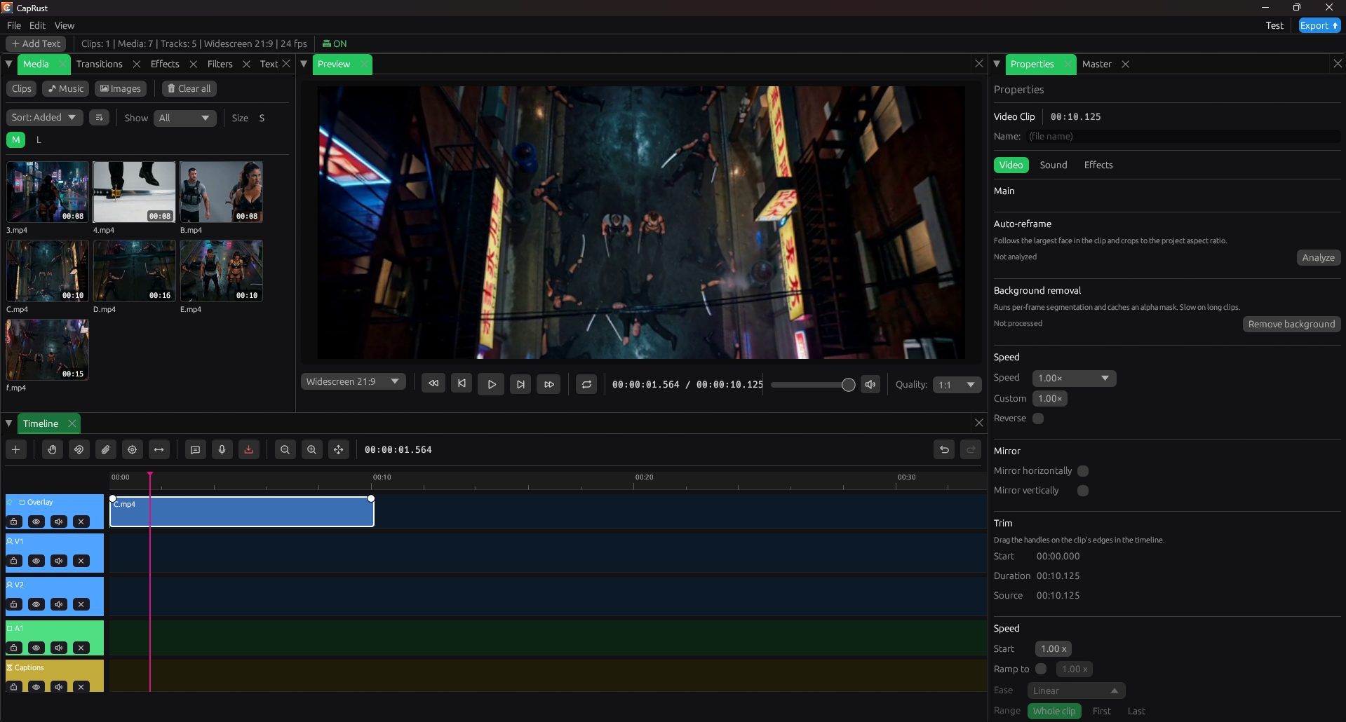CapRust editor: media bin on the left, preview in the center, timeline below, clip properties on the right.